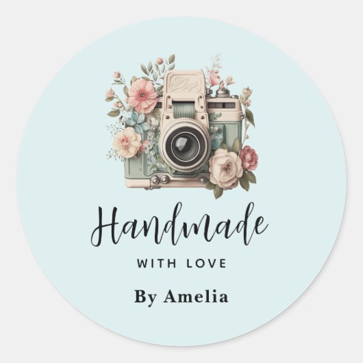 Handmade with Love Camera with Flowers Retro Runder Aufkleber (Vorderseite)