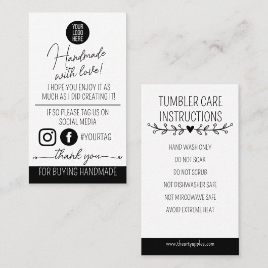 Handmade With Love Care Instructions Card Visitenkarte (Vorne/Hinten)