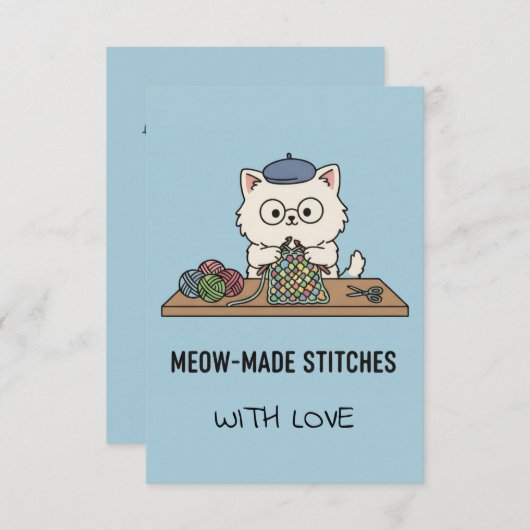 Handmade With Love Cat Knitting Blue Graphic Card Dankeskarte (Vorne/Hinten)