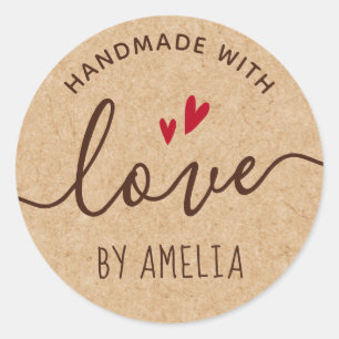 Handmade with love custom name Kraft paper look Runder Aufkleber