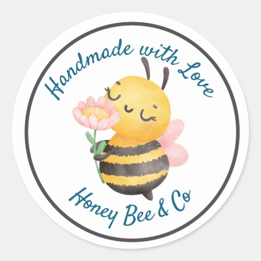 Handmade with Love. Cute Bee Personalized Runder Aufkleber (Vorderseite)