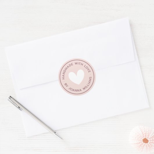 Handmade with love heart name light blush pink runder aufkleber (Umschlag)