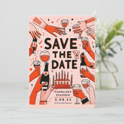 Handmalen von Funky Retro Contemporary Save The Date (Stehend Vorderseite)