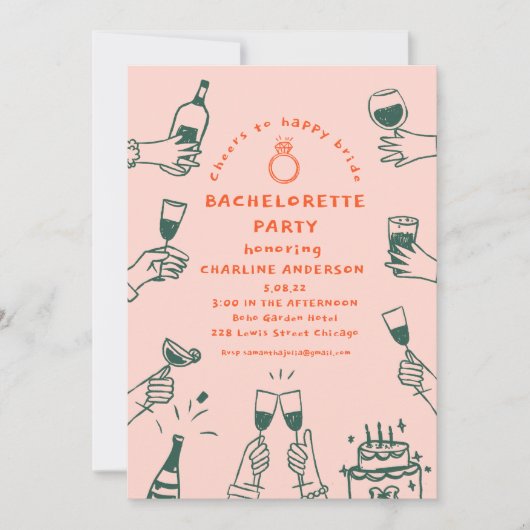 Handmalerei Retro Zeitgenössischer Bachelorette Te Einladung (Vorderseite)