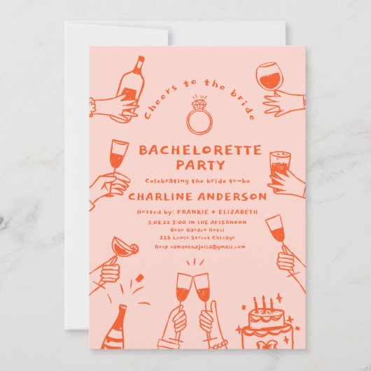 Handmalerei Retro Zeitgenössischer Bachelorette Te Einladung (Vorderseite)