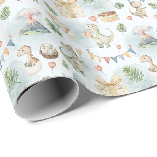 HandPainted Birthday Dinos Wrapping Paper Roll Geschenkpapier (Rolleneckpunkt)