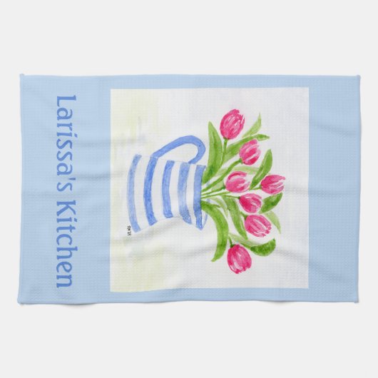 Handpainted Watercolor Tulips, Blue Stripe Pitcher Geschirrtuch (Horizontal)