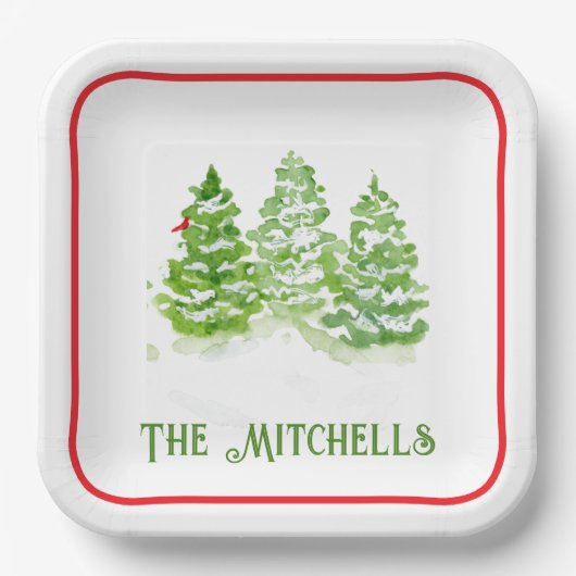 Handpainted Winter Trees PERSONALIZE NAME Pappteller (Vorderseite)
