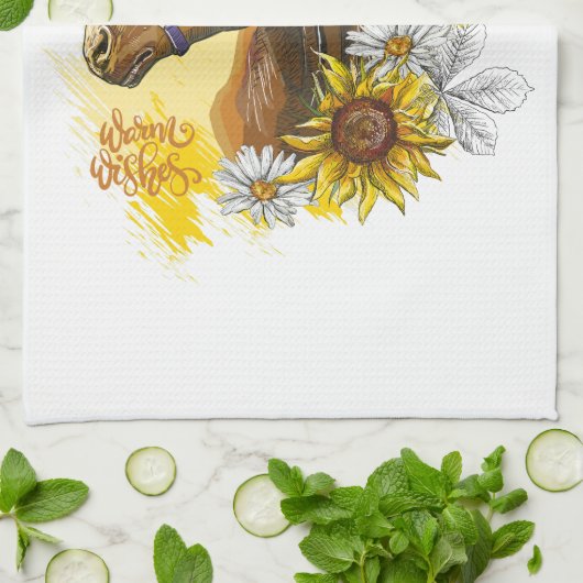 Handpferd mit Pflanze und Blume Geschirrtuch (Gefaltet)