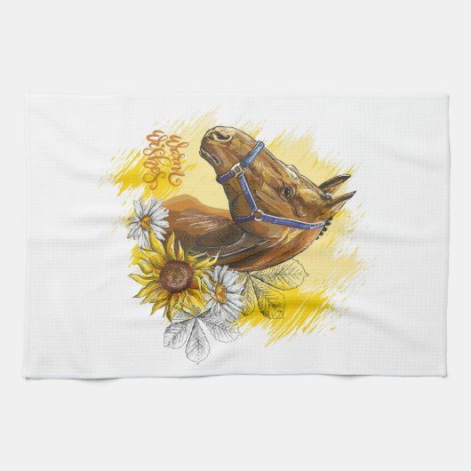 Handpferd mit Pflanze und Blume Geschirrtuch (Horizontal)