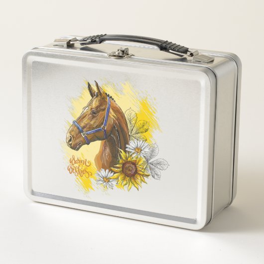 Handpferd mit Pflanze und Blume Metall Brotdose (Vorderseite)