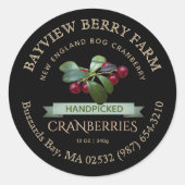 Handpflücktes Cranberry Label Gold auf schwarz Runder Aufkleber (Vorderseite)