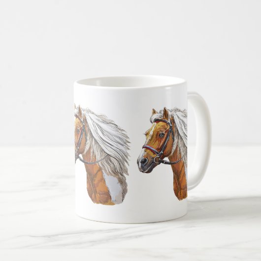 Handportrait mit zeichnend Pferdeschwanz Kaffeetasse (VorderseiteRechts)