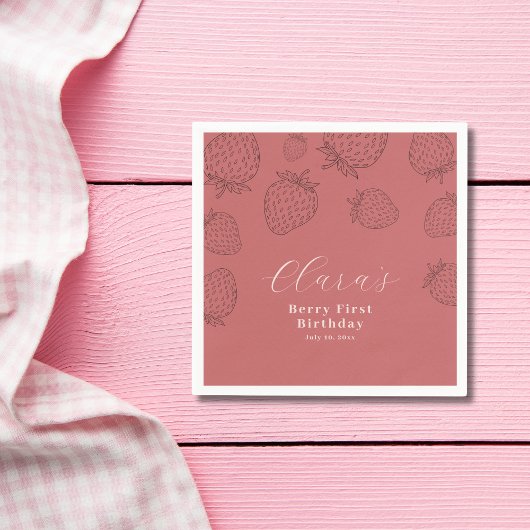 Handraw Pink Strawberry Minimalistisch Geburtstag Serviette