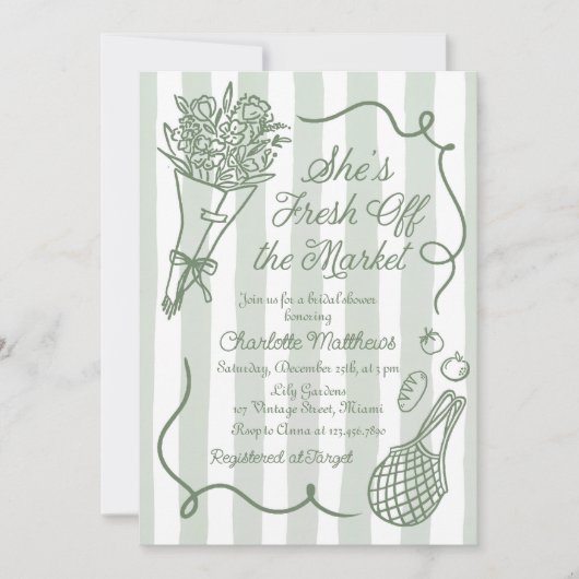 Handrawn Fresh Off the Market Bridal Shower Einladung (Vorderseite)