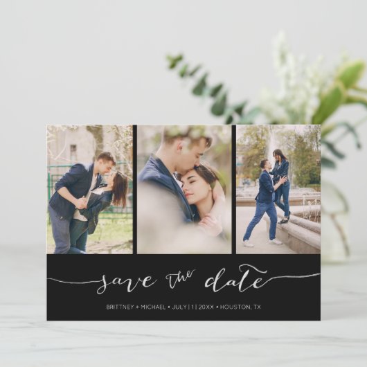 Handschrift 3 Bild schwarz Save The Date (Stehend Vorderseite)