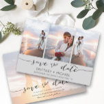 Handschrift 3 Image Light Gray Save The Date<br><div class="desc">Wählen Sie die besten Bilder aus Ihrem Verlobung-Shooting oder Ihre Lieblingsfotos von Ihnen beiden für dieses perfekte Save the Date. Save the Date sind die Wörter handgeschrieben, um der Karte ein persönliches Gefühl zu geben. Die Vorderseite hat 3 Bilder und die Rückseite hat ein großes Bild mit einem weißen Filter...</div>