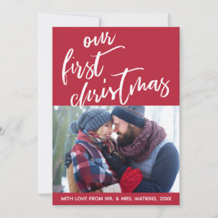 Handschrift auf Red Our First Christmas, Foto Feiertagskarte