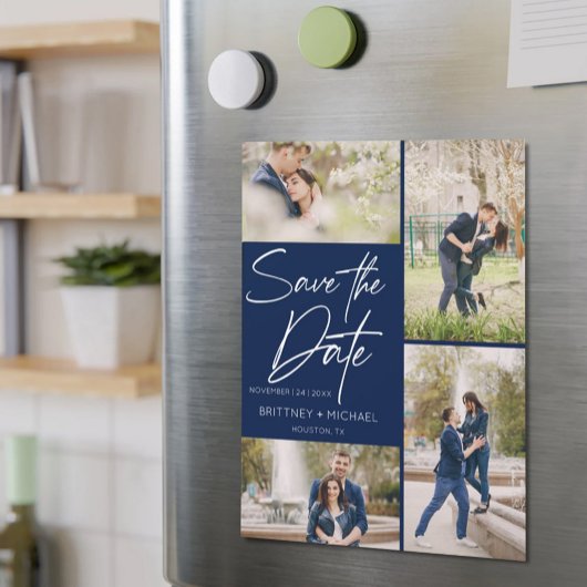 Handschrift Collage Save the Date Navy Blue Magnetkarte