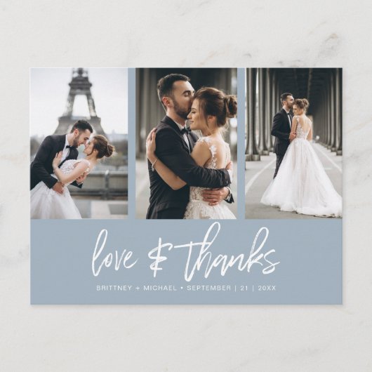 Handschrift Foto Collage Dusty Blue Vielen Dank Postkarte (Vorderseite)