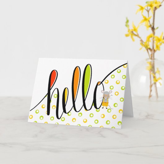 Handschrift Hallo mit Niedlicher Maus-Illustration Karte (Gelbe Blume)
