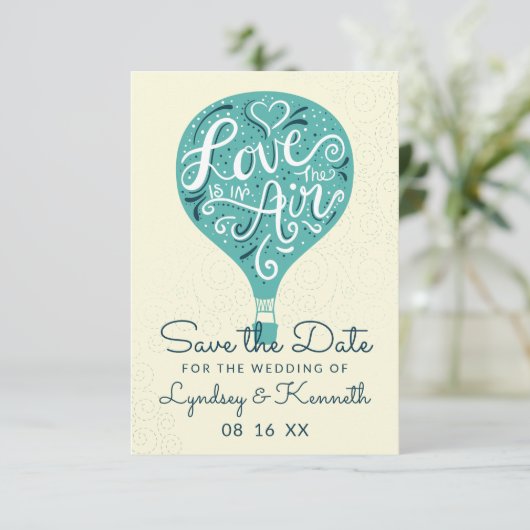 Handschrift Liebe Aquamarin Aqua Green Heißluftbal Save The Date (Stehend Vorderseite)