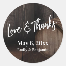 Handschrift Liebe & Dank braunes Holzfässchen Runder Aufkleber