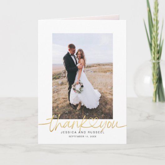 Handschrift mit Herz-Foto Hochzeit Dankeskarte (Vorderseite)