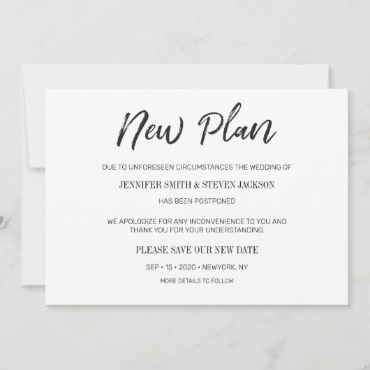 Handschrift "Neuer Plan" vertagte Hochzeit Einladung (Vorderseite)