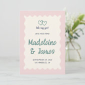 Handschrift Pastel Pink Green Retro Hochzeit Save The Date (Stehend Vorderseite)
