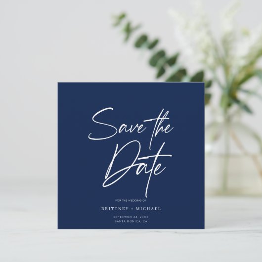 Handschrift Save the Date Navy Blue Einladung (Stehend Vorderseite)