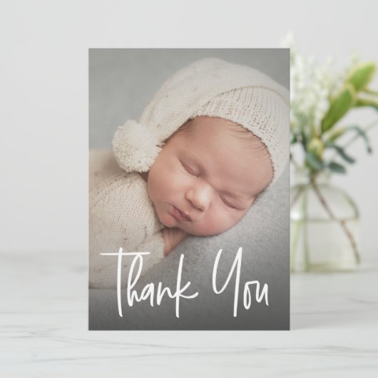 Handschrift Script Custom Baby Shower Foto Dankeskarte (Stehend Vorderseite)