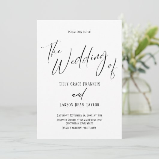 Handschrift Typografie einfach die Hochzeit von Einladung (Stehend Vorderseite)