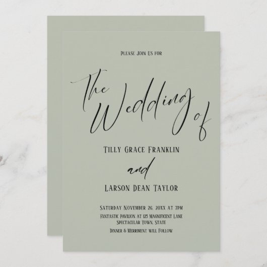 Handschrift Typografie einfach die Hochzeit von Sa Einladung (Vorne/Hinten)