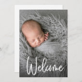 Handschrift Welcome Foto Trendy Script Baby Dankeskarte (Vorne/Hinten)