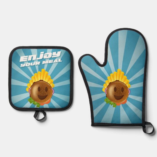 Handschuh und Manique Burger enjoy your meal Ofenhandschuh & Topflappen-Set (Vorderseite)