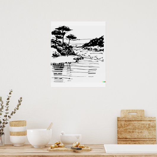 Handskizze des fließenden Flusses in Ukiyo-E art Poster (Küche)