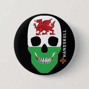 HANDSKULL Wales, glücklicher Schädel, Wales-Flagge Button