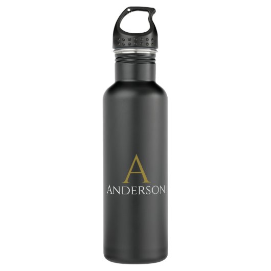 Handsome Black Modern Gold Monogram Edelstahlflasche (Vorderseite)