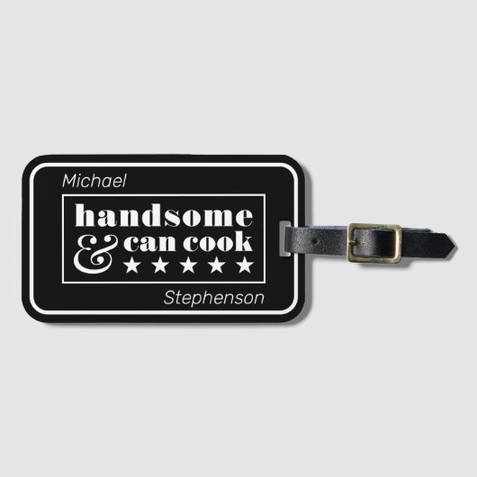 Handsome & Can Cook Black Typography Father's Day Gepäckanhänger (Vorderseite (Horizontal))