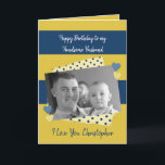 Handsome Husband auf deiner Foto-Karte zur Geburts Karte<br><div class="desc">Personalisieren Sie diese Geburtstagskarte für Ihren hübschen Ehemann. Designed in Marine,  blau und gold mit polka Punkte und Liebe Herzen. Ersetzen Sie das Foto durch Ihr eigenes,  fügen Sie seinen Namen hinzu und ändern Sie den Text in Anzug. **Samplefotos © Lynnrosedesigns***</div>