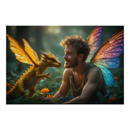 Handsome Male Fairy Golden Dragon Poster