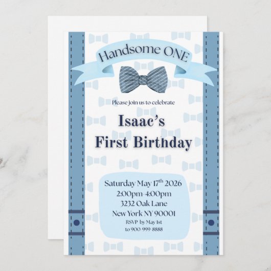 Handsome One Baby Boy First Birthday Party Invite Einladung (Vorne/Hinten)