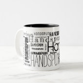 HANDSPUN! Typografie Word Cloud Zweifarbige Tasse (Vorderseite Links)