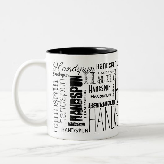 HANDSPUN! Typografie Word Cloud Zweifarbige Tasse (Links)