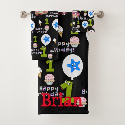 Handtuchhalter, #1 Happy First Birthday Badhandtuch Set (Insitu)