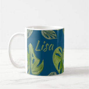 Handwasserfarbe Monstera Adansonii Blatt Blau Kaffeetasse