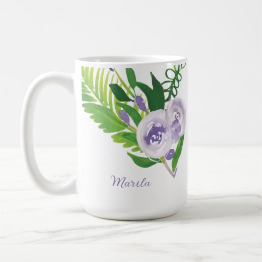 Handwasserfarben-Blumen in Lila Kaffeetasse (Links)
