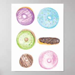 Handwasserfarbene glasierte gemischte Donuts Poster
