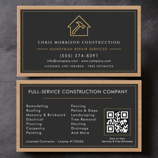 Handwerker Holz QR-Code Bau Schwarz Gold Visitenkarte